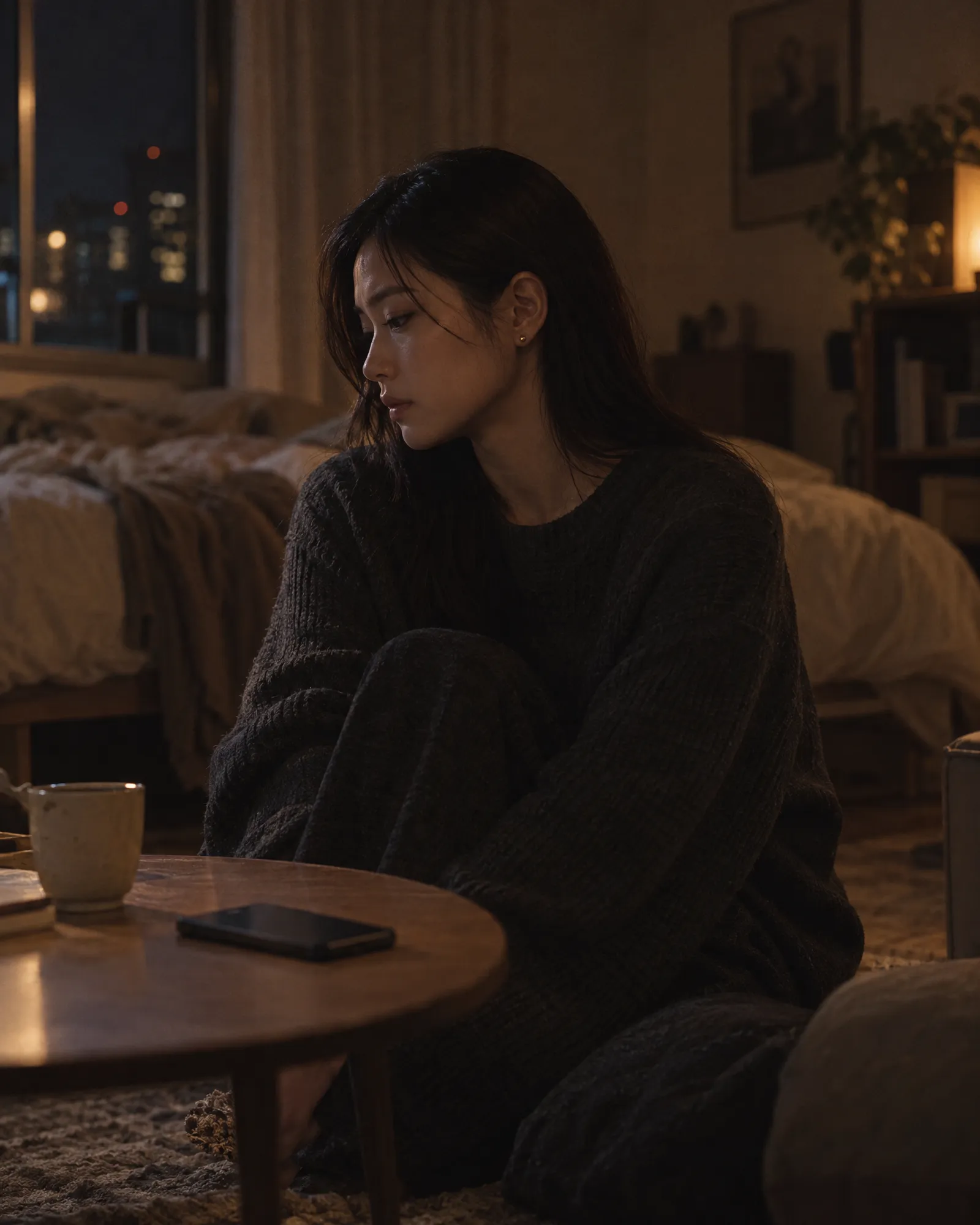 静かな部屋で画面を見つめる女性の横顔