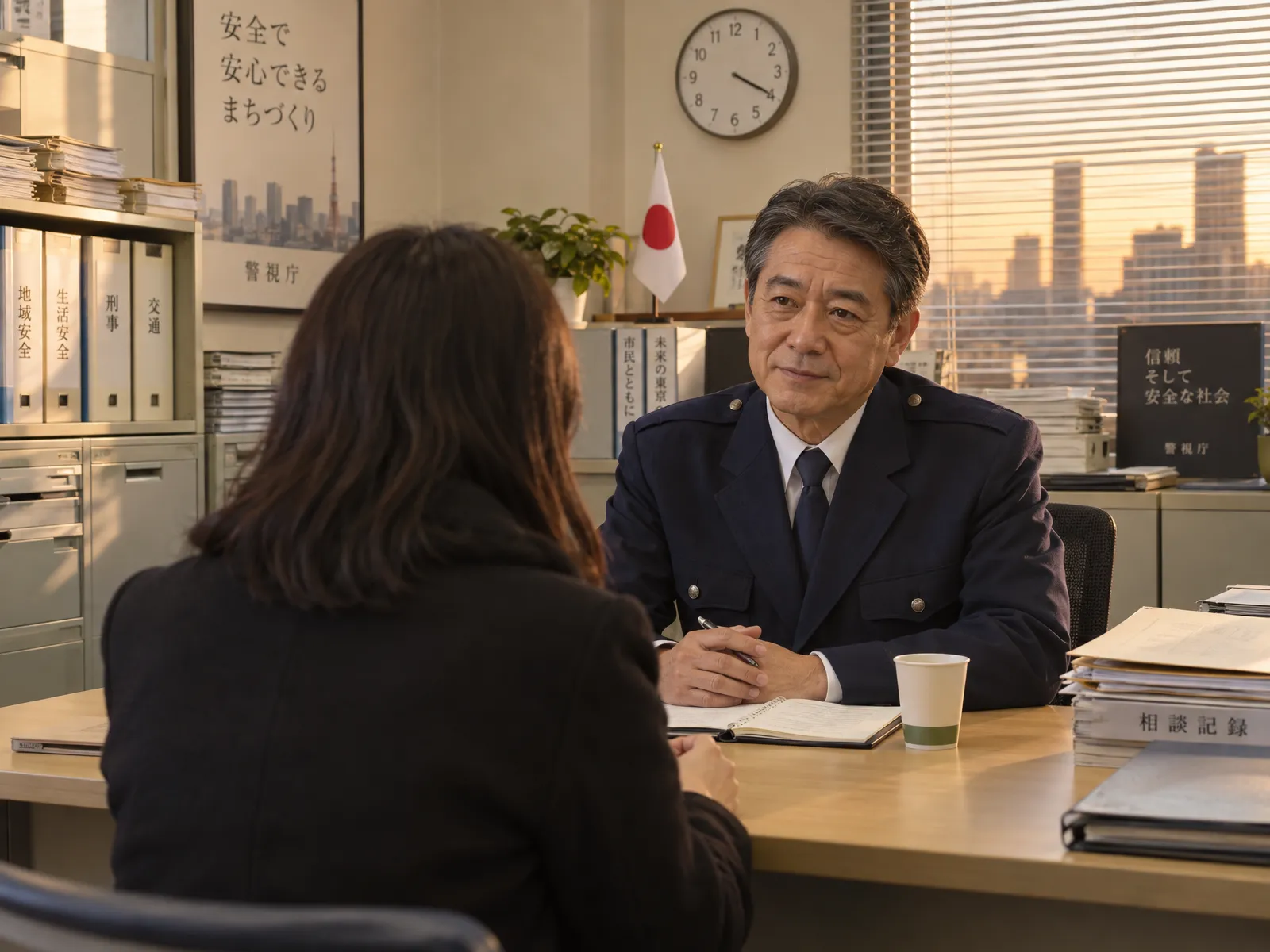 元警察官が警察署の執務室で身辺安全の相談に応じる